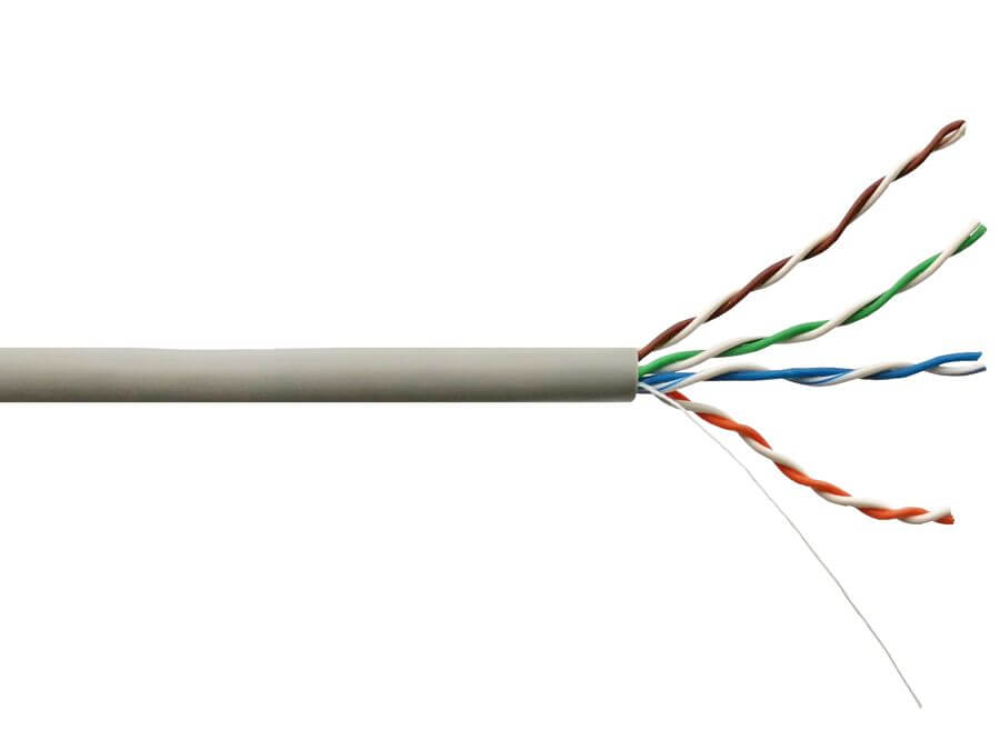 Scoop 305M Cat5e CCA Grey UTP Cable displayed in a professional setting.