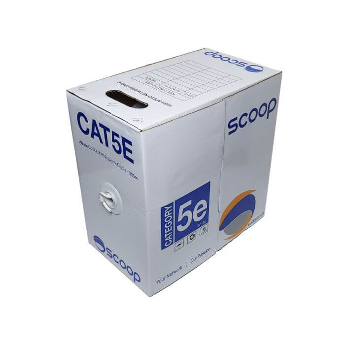 Scoop 305m Cat5e CCA White UTP Cable displayed on a white background.