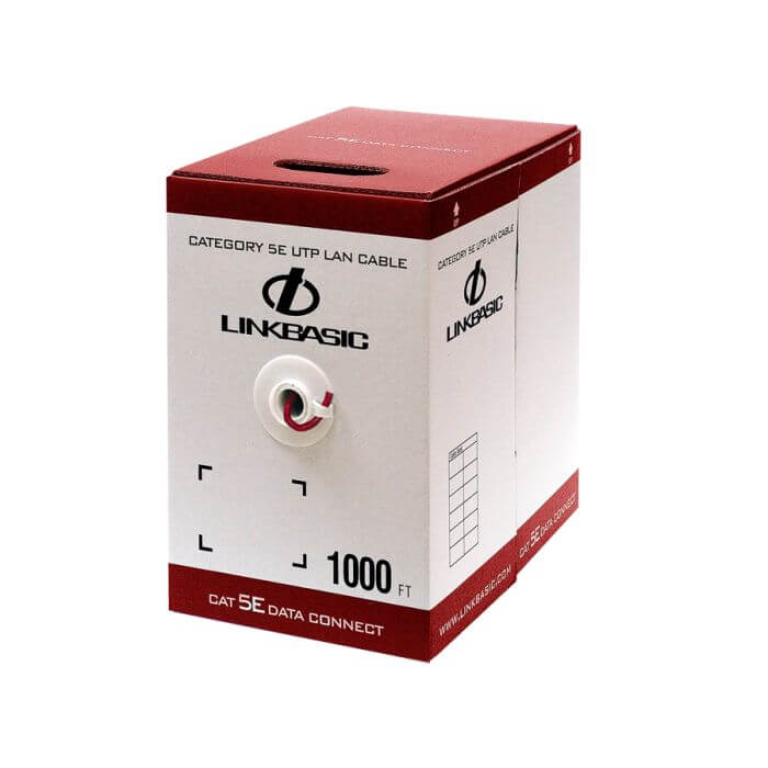 Linkbasic 305m Cat5e Solid Red UTP Cable displayed in a roll, suitable for networking applications.