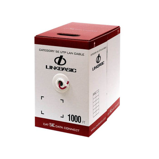 Linkbasic 305m Cat5e Solid Red UTP Cable displayed in a roll, suitable for networking applications.
