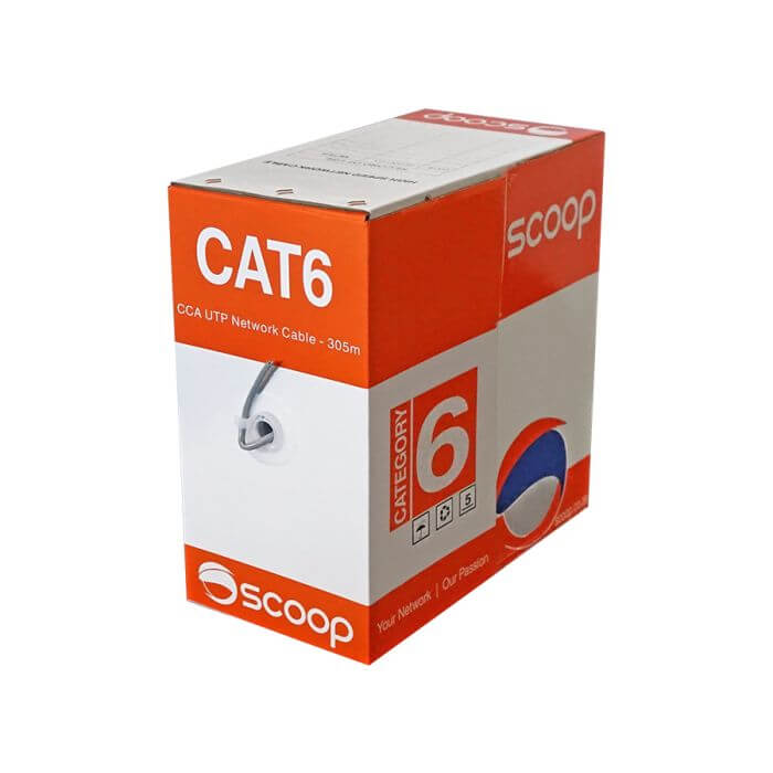 Scoop Cat6 305M CCA Grey UTP Cable displayed in a close-up view.