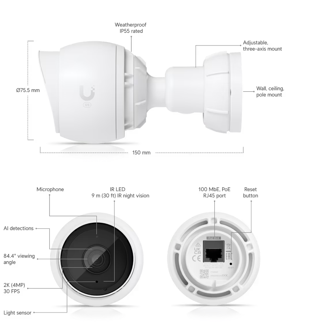 Ubiquiti UniFi Protect G5 Bullet 4MP IP Camera side view displaying its sleek profile.