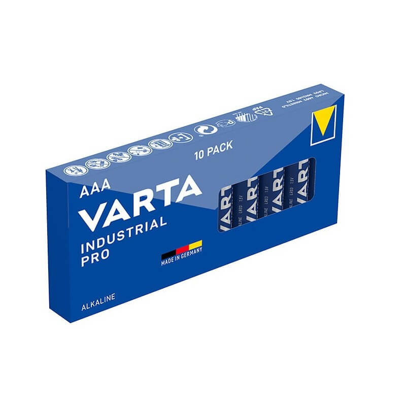 VARTA Industrial Alkaline 1.5V AAA Battery in a bulk pack of 10, showcasing the product packaging and design.