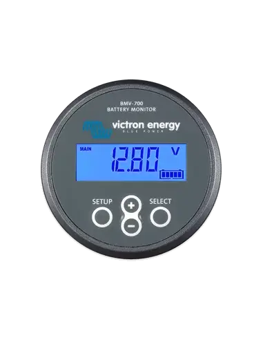 Victron BMV-700 Battery Monitor displaying voltage range of 9-90VDC.