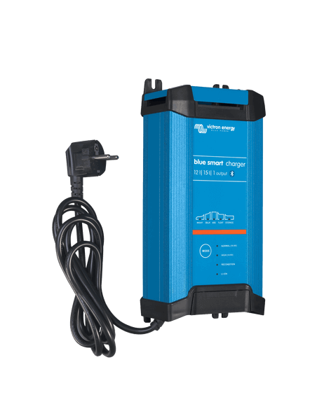 Victron Blue Smart 12/15 IP22 Charger with DC Connector, showcasing its design and features.