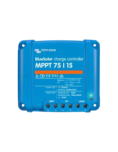 Victron Blue Solar MPPT 100/15 Charge Controller displayed against a white background.
