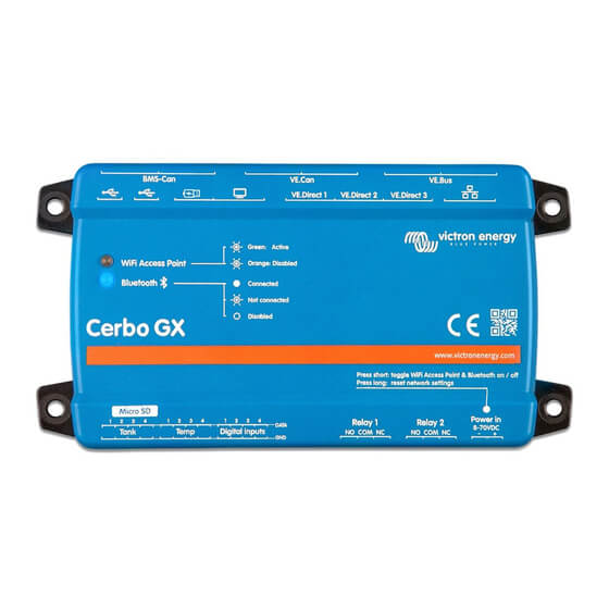 Victron Cerbo GX Control Unit displayed with its features and design.