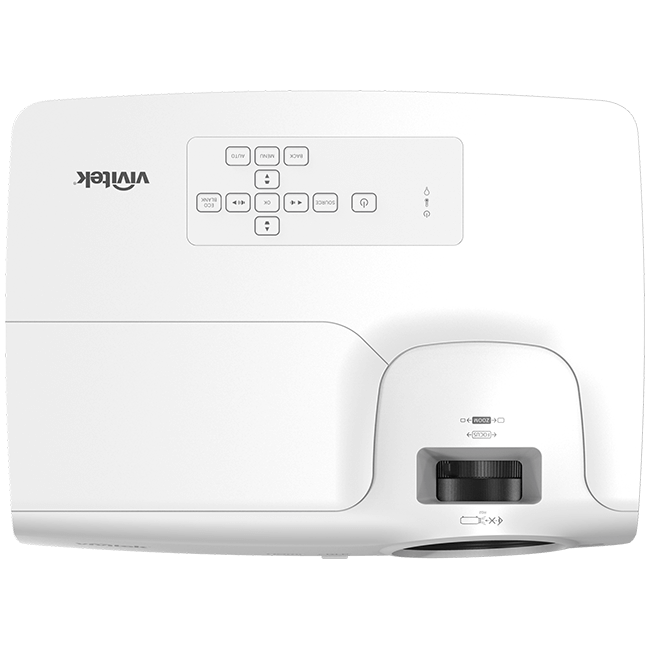 Vivitek DH278 EDU 1080p DLP Projector showcasing its features including 4000 lumens brightness and 20,000:1 contrast ratio.