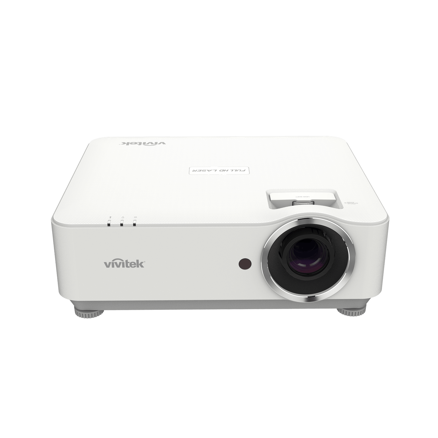 Vivitek DH3660Z 1080p Laser DLP Projector viewed from the front top angle, showcasing its design and features.