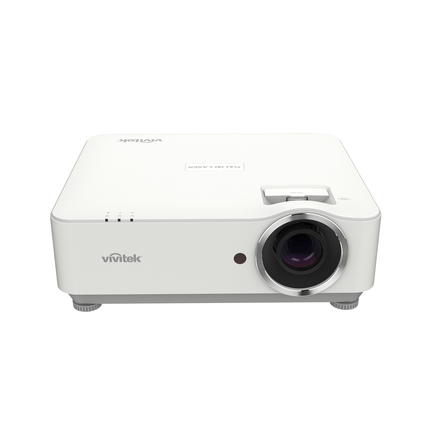 Vivitek DH3660Z 1080p Laser DLP Projector viewed from the front top angle, showcasing its design and features.