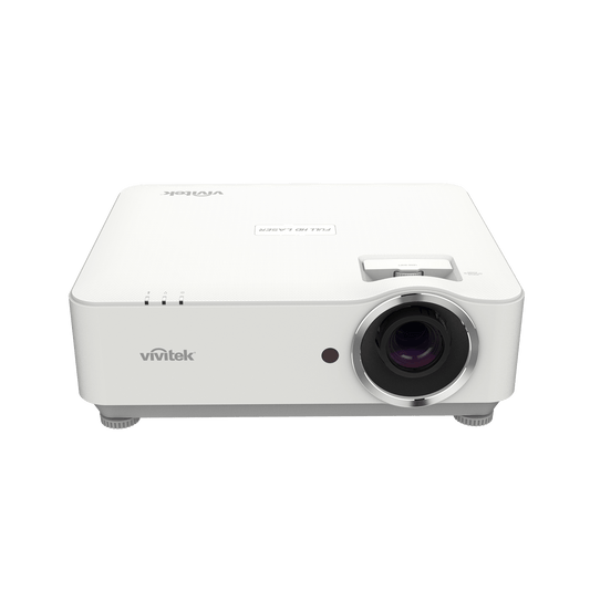 Vivitek DH3660Z 1080p Laser DLP Projector viewed from the front top angle, showcasing its design and features.