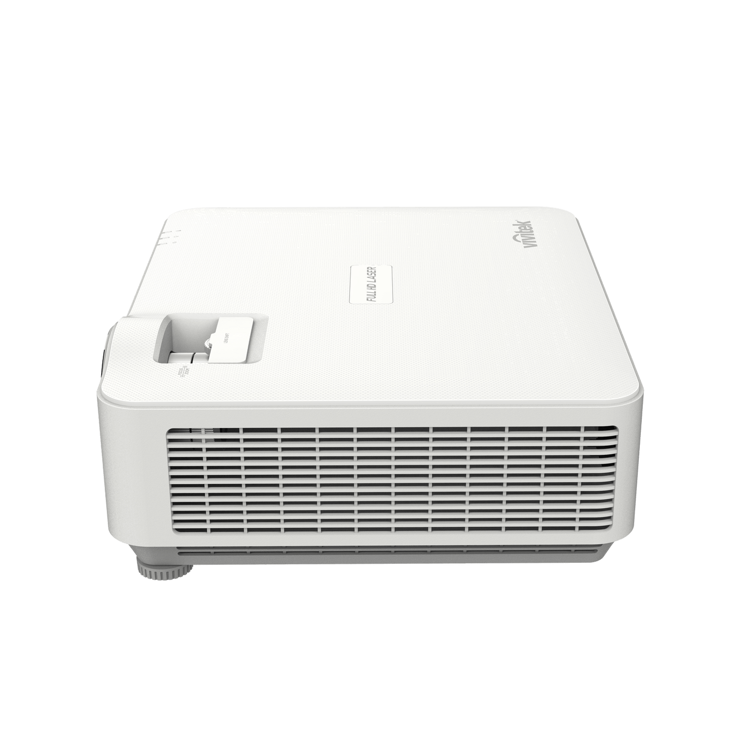 Vivitek DH3660Z 1080p Laser DLP Projector viewed from the left side angle, showcasing its design and features.