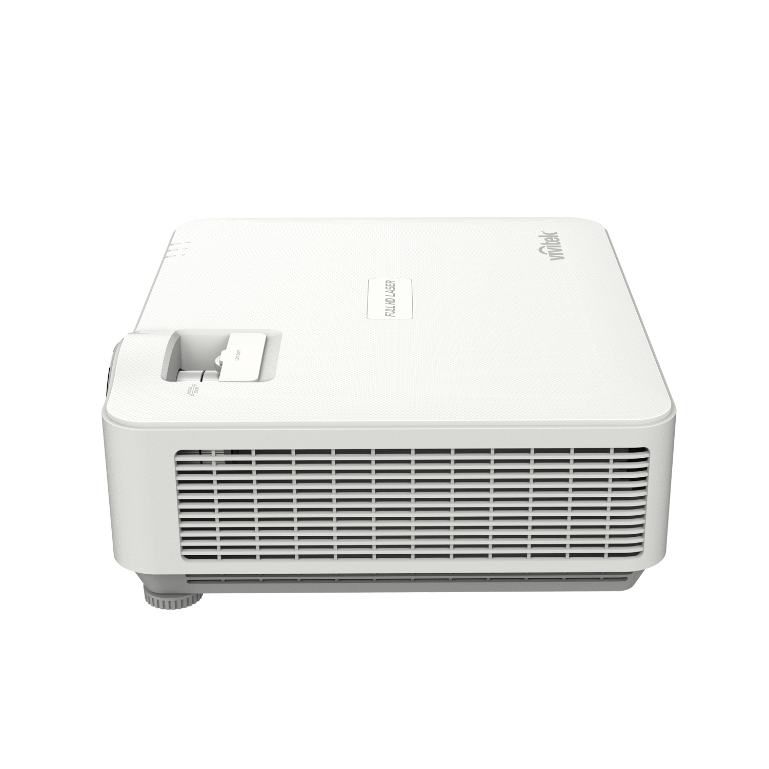 Vivitek DH3660Z 1080p Laser DLP Projector viewed from the left side angle, showcasing its design and features.