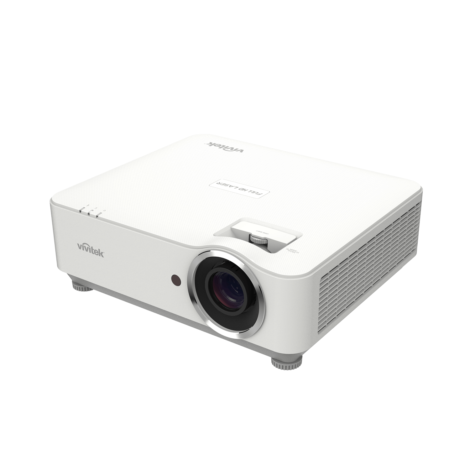 Vivitek DH3660Z 1080p Laser DLP Projector viewed from the right side angle, showcasing its design and features.