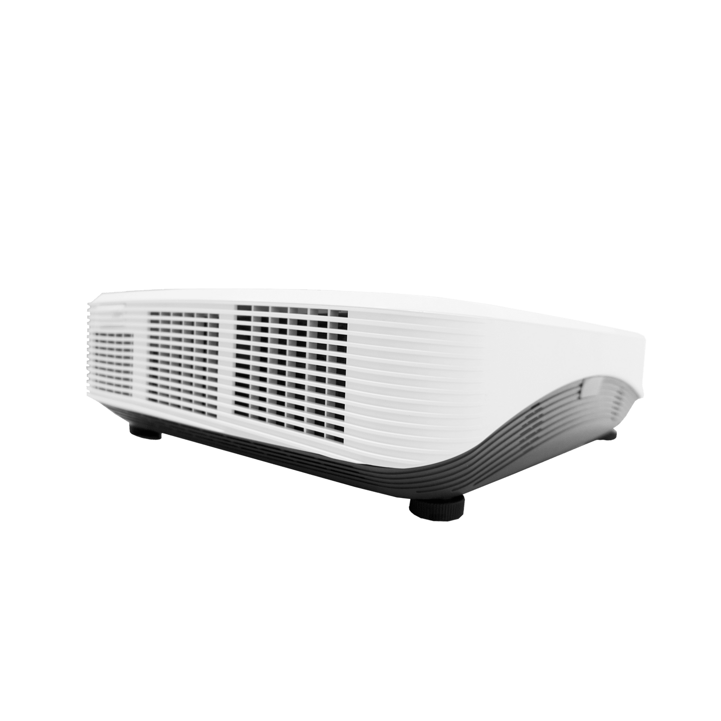 Vivitek DH765Z UST 1080p Laser Ultra Short Throw DLP Projector viewed from the side and back, showcasing its design and features.