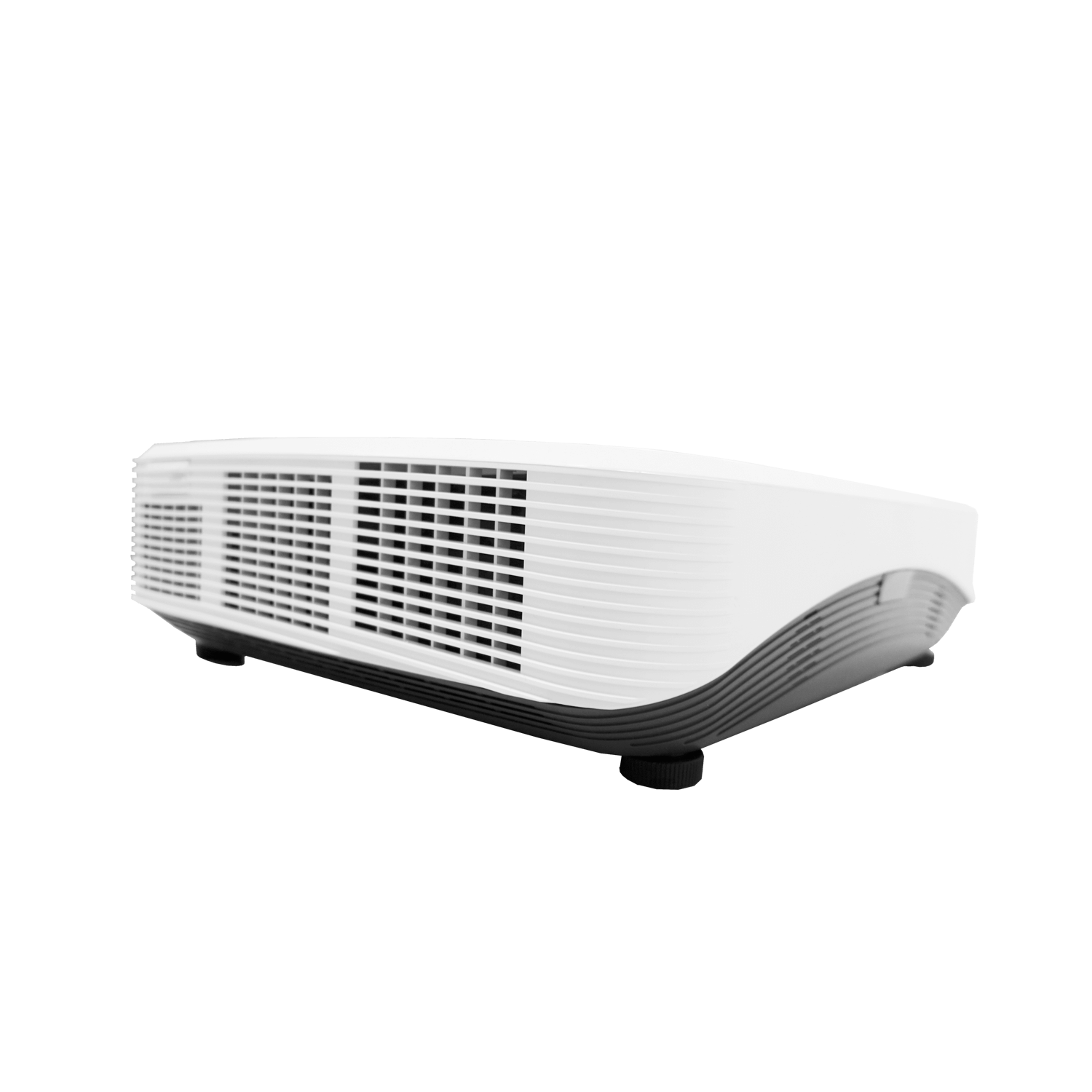 Vivitek DH765Z UST 1080p Laser Ultra Short Throw DLP Projector viewed from the side and back, showcasing its design and features.