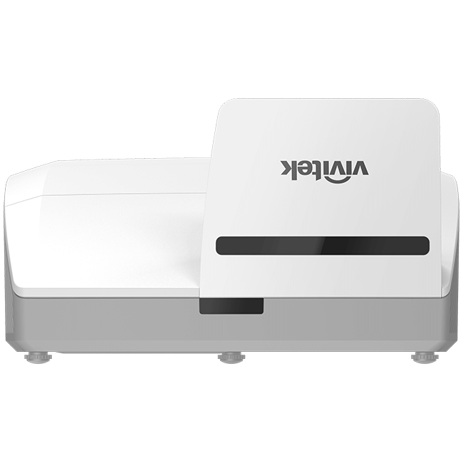 Vivitek DH772 UST 1080p Ultra Short Throw DLP Projector showcasing its sleek design and features, including 3500 lumens brightness and 10,000:1 contrast ratio.