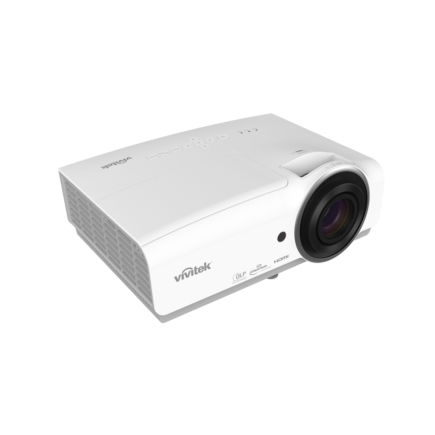 Vivitek DH856 1080p DLP projector showcasing its design and features, highlighting 4800 lumens brightness and 15,000:1 contrast ratio.
