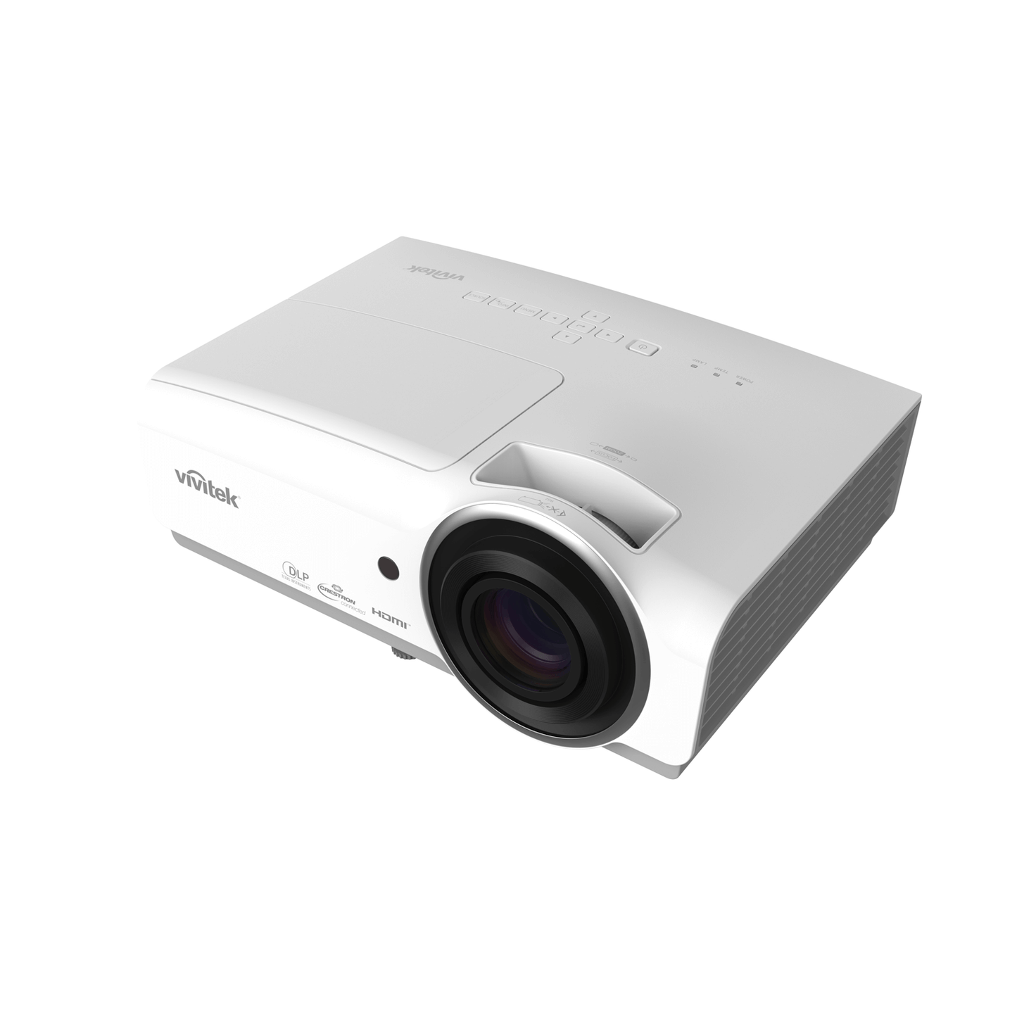 Vivitek DH856 1080p DLP projector viewed from the left angle, showcasing its design and features.