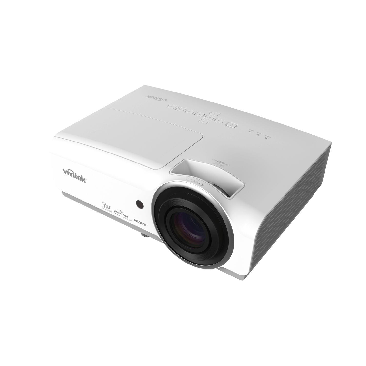 Vivitek DH856 1080p DLP projector viewed from the left angle, showcasing its design and features.