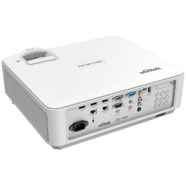 Vivitek DU3661Z WUXGA Laser DLP Projector showcasing its design and features, with a brightness of 5000 lumens and a contrast ratio of 20,000:1.