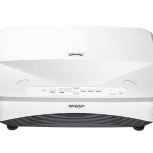 Vivitek DU857 WUXGA DLP Projector showcasing its design and features, with a brightness of 5000 lumens and a contrast ratio of 15,000:1.