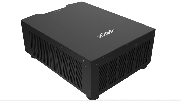 Vivitek DU9800Z BK high brightness WUXGA laser DLP projector showcasing its design and features, including 18,000 lumens and a 10,000:1 contrast ratio.