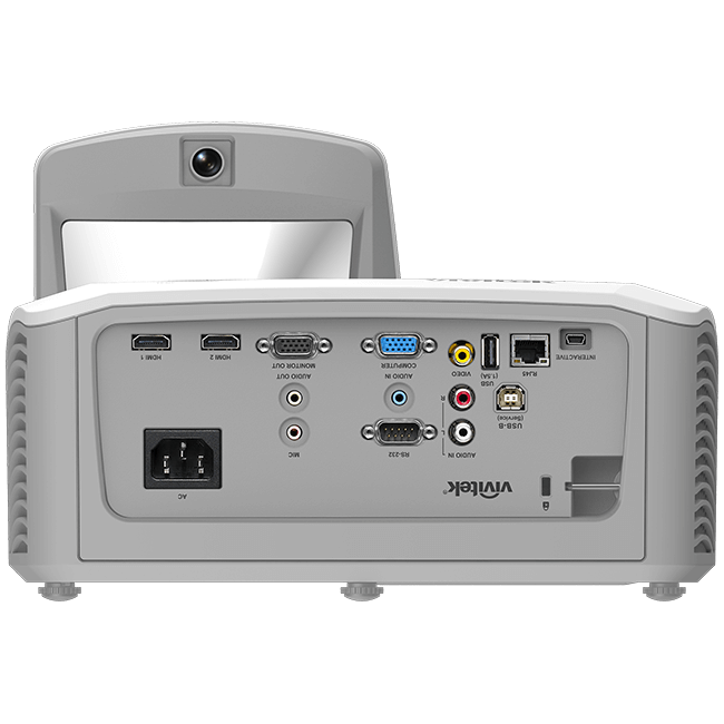 Vivitek DW771 USTi WXGA Ultra Short Throw Interactive DLP Projector showcasing its design and features, with specifications including 3500 lumens brightness and 10,000:1 contrast ratio.