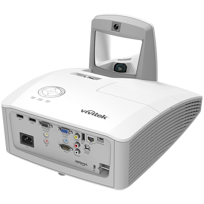 Vivitek DW771 USTi WXGA Ultra Short Throw Interactive DLP Projector showcasing its design and features, including 3500 lumens brightness and 10,000:1 contrast ratio.