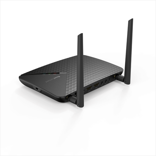 Vivitek NovoConnect NC-X900 4K Wireless Collaboration System showcasing its features including BYOD, mobile mirroring, and Miracast WiFi chip.