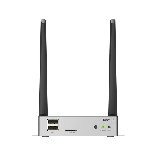 Vivitek NovoDS 4K advanced digital signage add-on unit featuring LAN, WiFi, and HDMI input with flexible layout options.