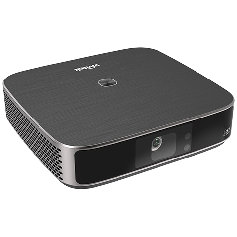 Vivitek Qumi Q9 4K UHD Portable LED Projector showcasing its compact design and features, including 1500 lumens brightness and high contrast ratio.