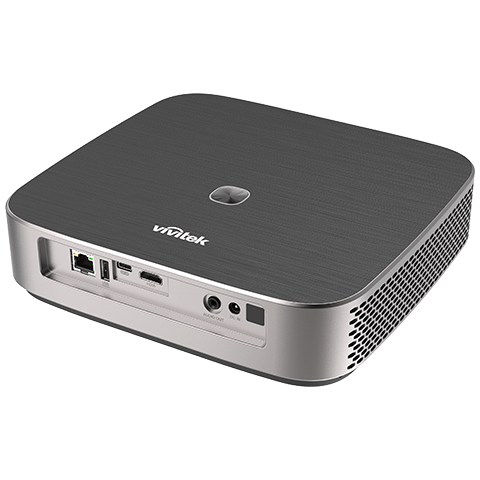 Vivitek Qumi Q9 4K UHD Portable LED Projector featuring 1500 lumens brightness and a contrast ratio of 3,000,000:1.
