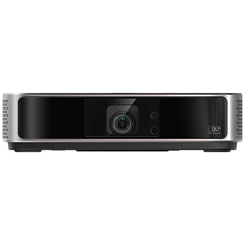 Vivitek Qumi Q9 portable LED projector displaying vibrant colors with specifications of 4K UHD resolution, 1500 lumens brightness, and 3,000,000:1 contrast ratio.