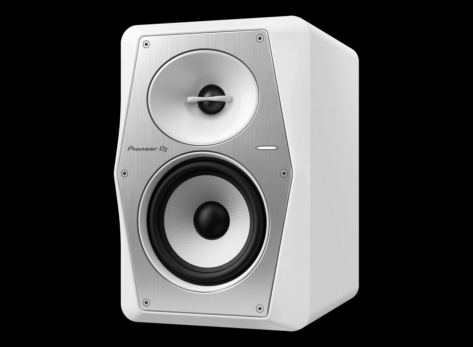 Pioneer VM-50-W 5-inch active studio monitor speaker in white, designed for DJing and music production, shown at an angle.