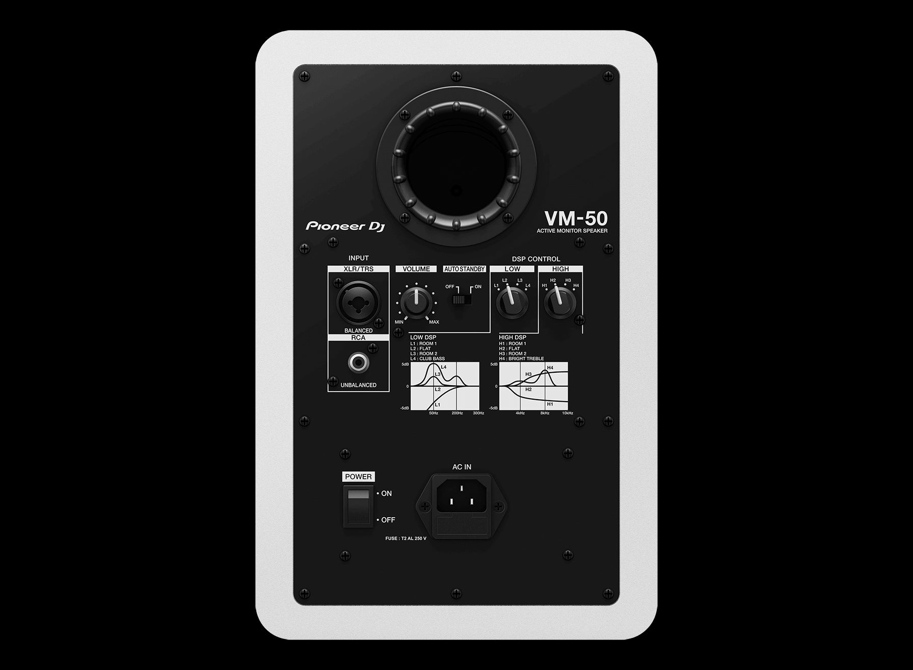 Pioneer VM-50-W 5-inch active studio monitor speaker for DJing or music production, shown from the rear.