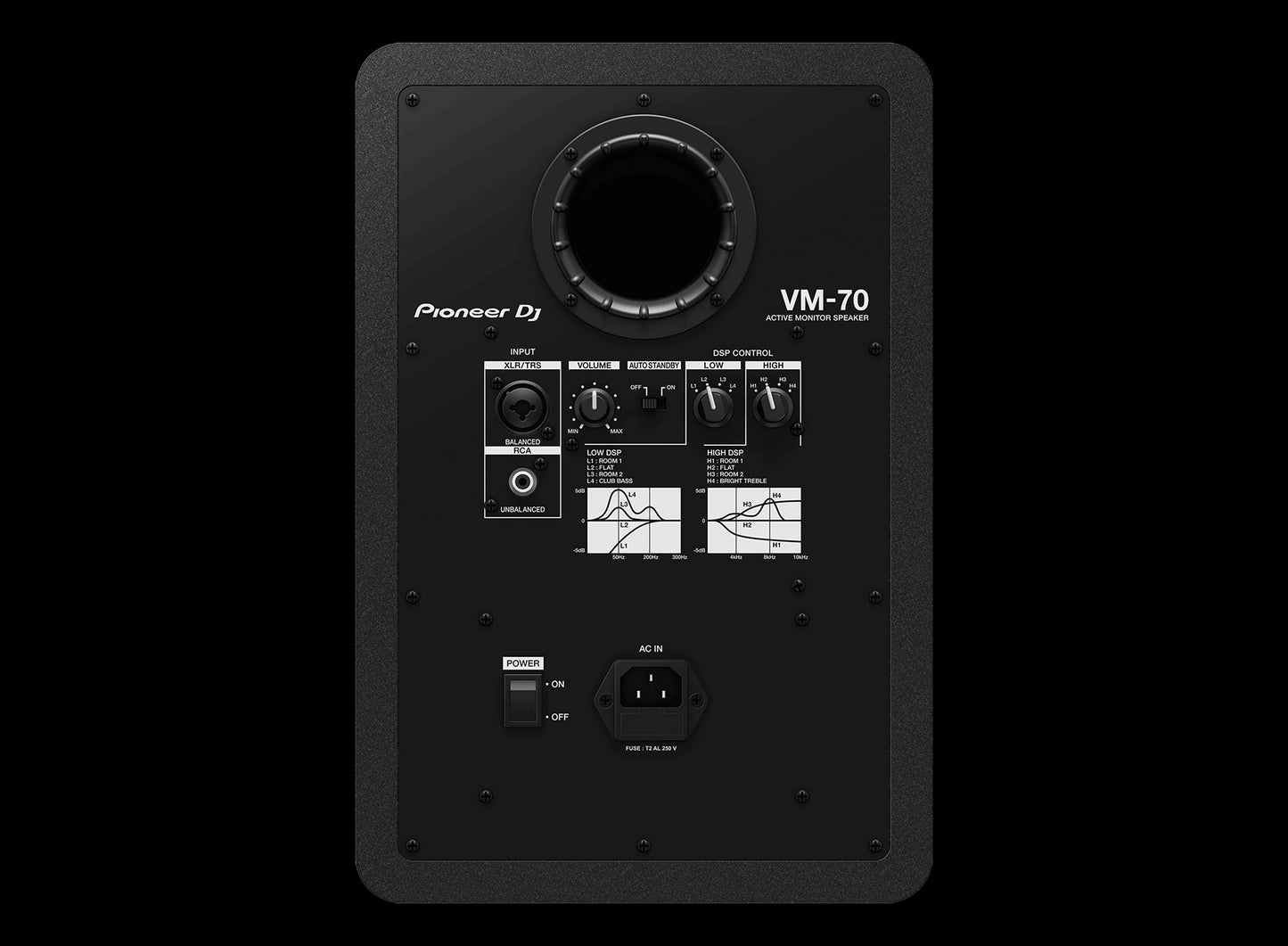 Rear view of the Pioneer VM-70 6.5 inch active studio monitor showcasing its design and connectivity options.