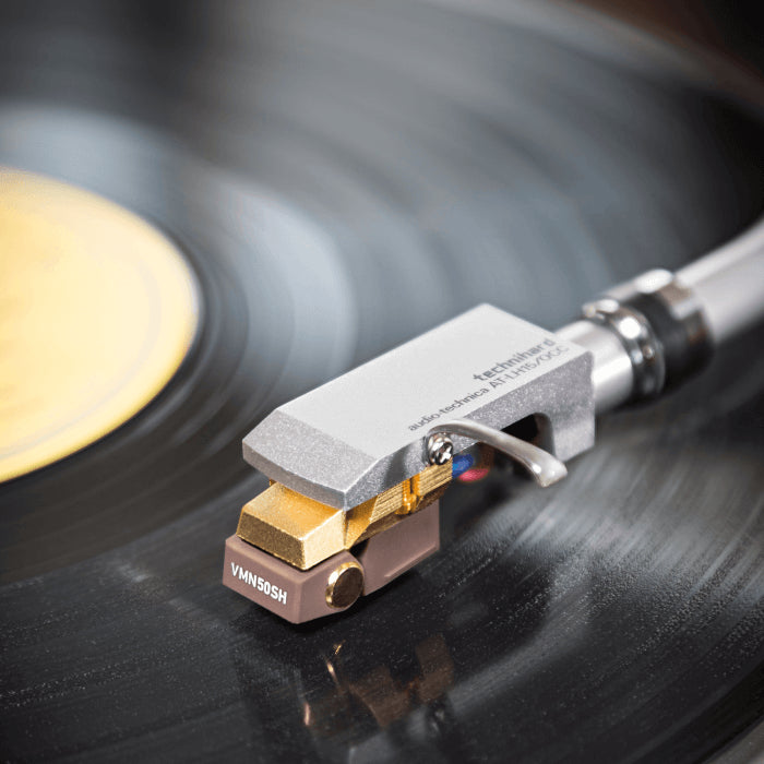 Audio-Technica VM750SH Dual Moving Magnet Stereo Cartridge with Shibata Stylus displayed on a white background.