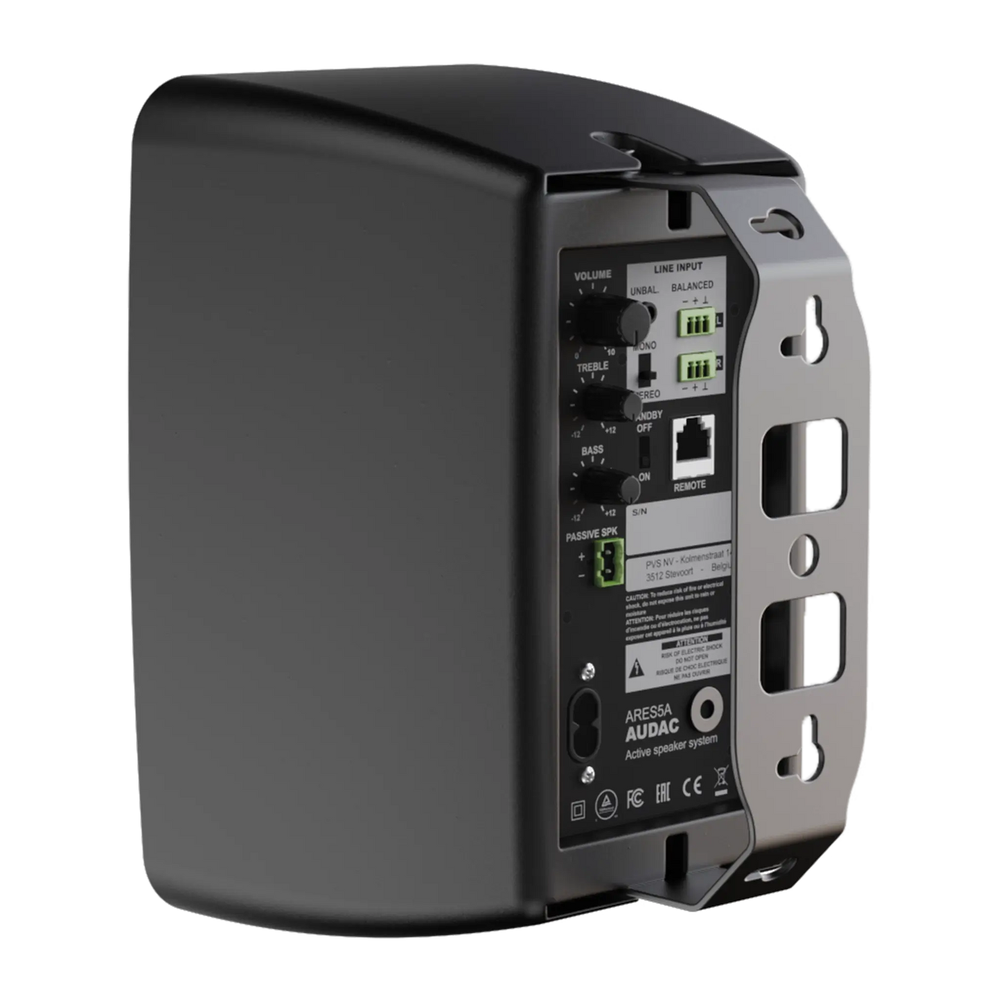 Back view of the AUDAC ARES5A 2-Way Stereo Active Speaker System in white, showcasing its sleek design and connectivity options.