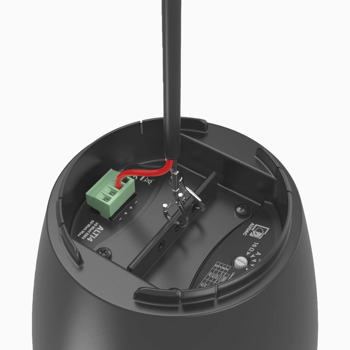 AUDAC ALTI4 2-WAY 4-inch pendant speaker in white, showcasing secure and fast mounting features.