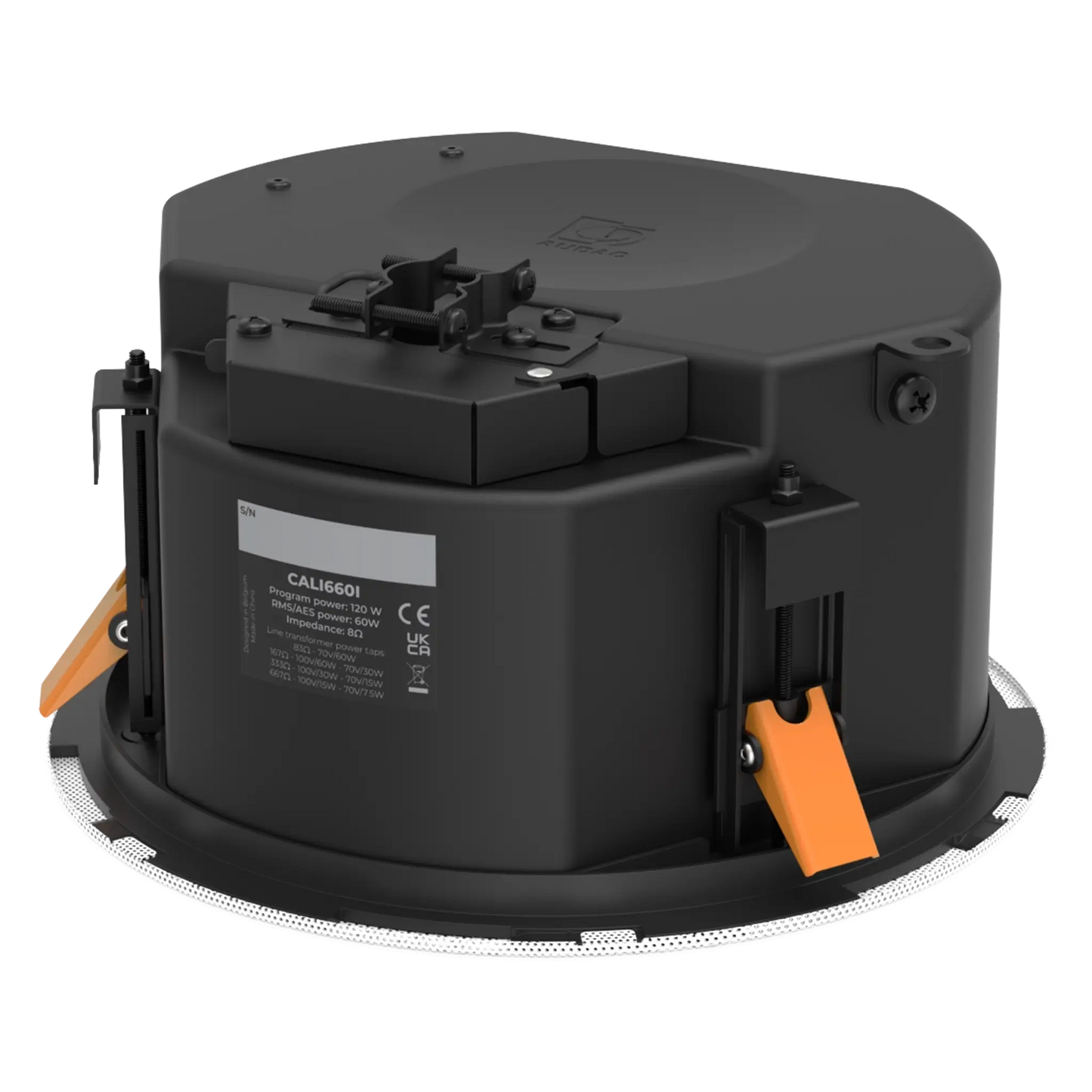 AUDAC CALI660 Safelatch 2-Way 6.5-inch Ceiling Speaker with Twist-Fix Grill in white color, viewed from the backside at an angle.