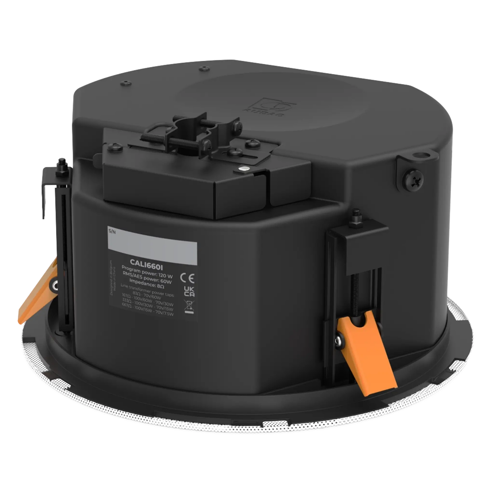 AUDAC CALI660 Safelatch 2-Way 6.5-inch Ceiling Speaker with Twist-Fix Grill in white color, viewed from the backside at an angle.