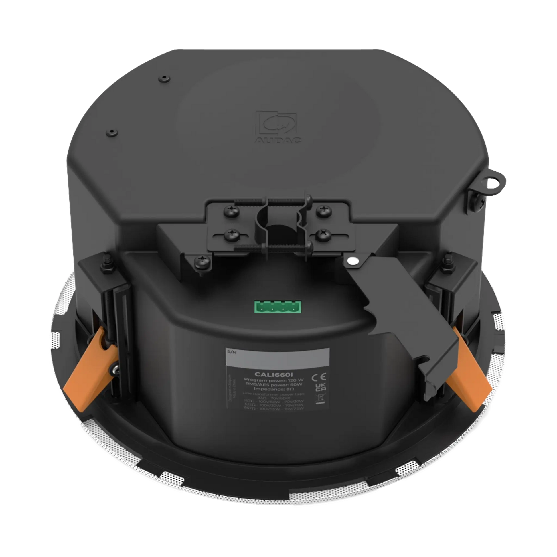 Backside view of the AUDAC CALI660 Safelatch 2-Way 6.5 inch ceiling speaker with a twist-fix grill in white color.