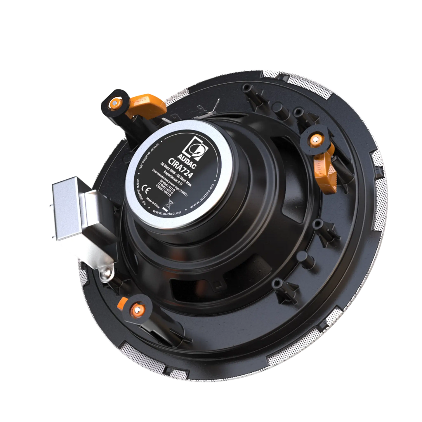 AUDAC CIRA7 QuickFit 2-Way 6.5 inch Ceiling Speaker with TwistFix Grill in white, angled view.