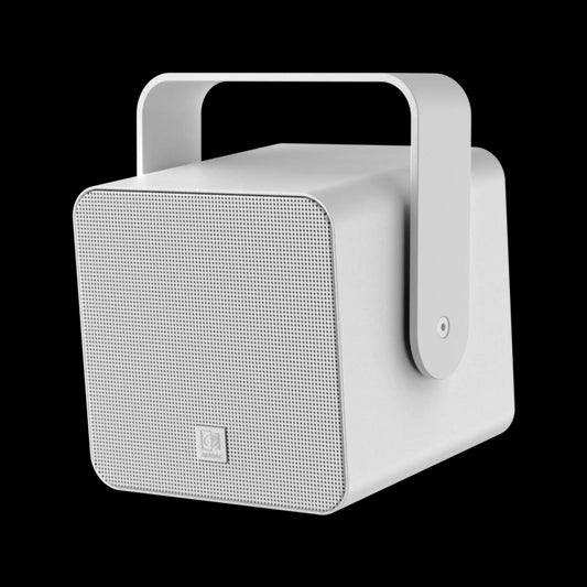 Audac Compact performance loudspeaker in white, showcasing its design and features.
