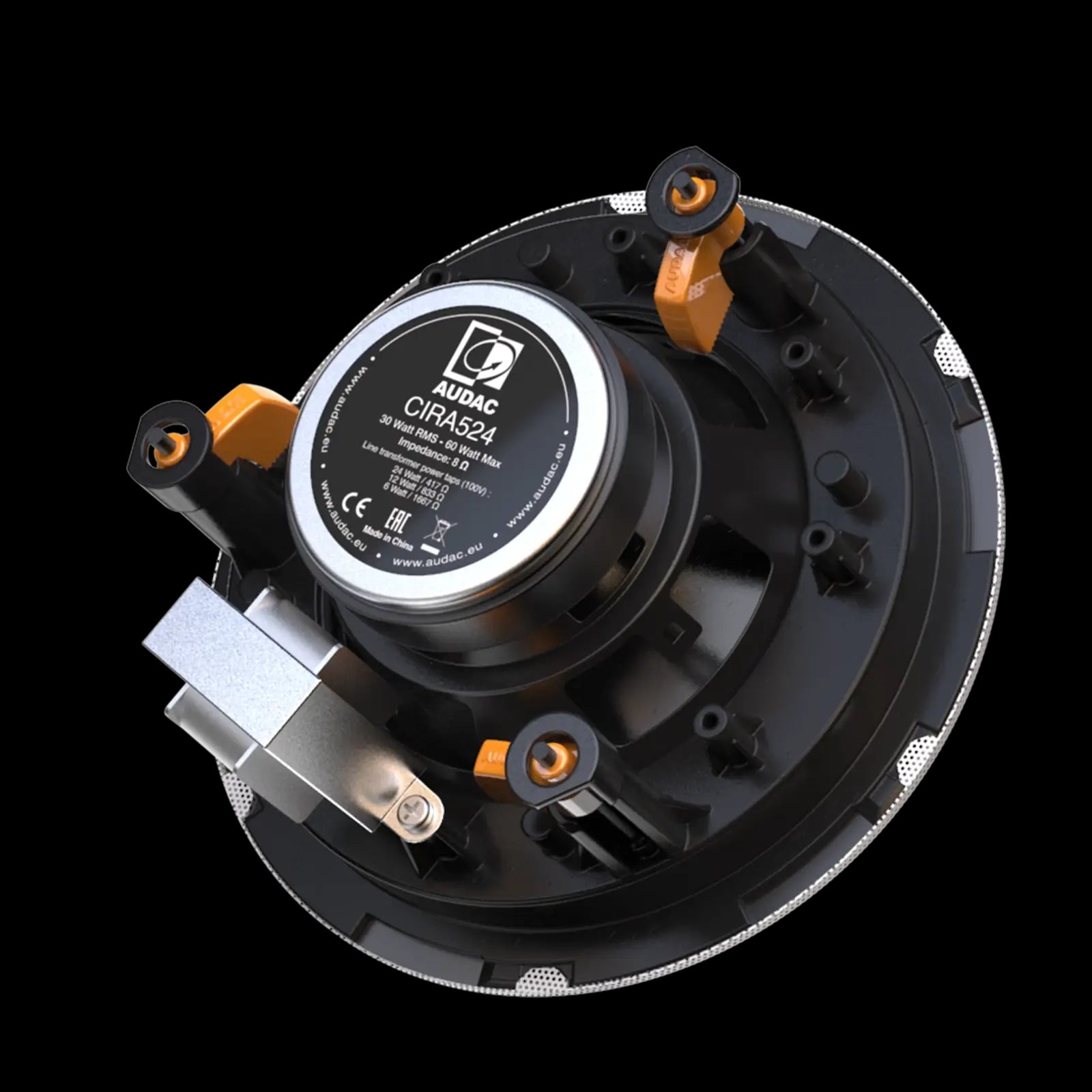 Audac QuickFit 2-way 5 1/4 inch ceiling speaker with TwistFix grill in white, showcasing its design and features.