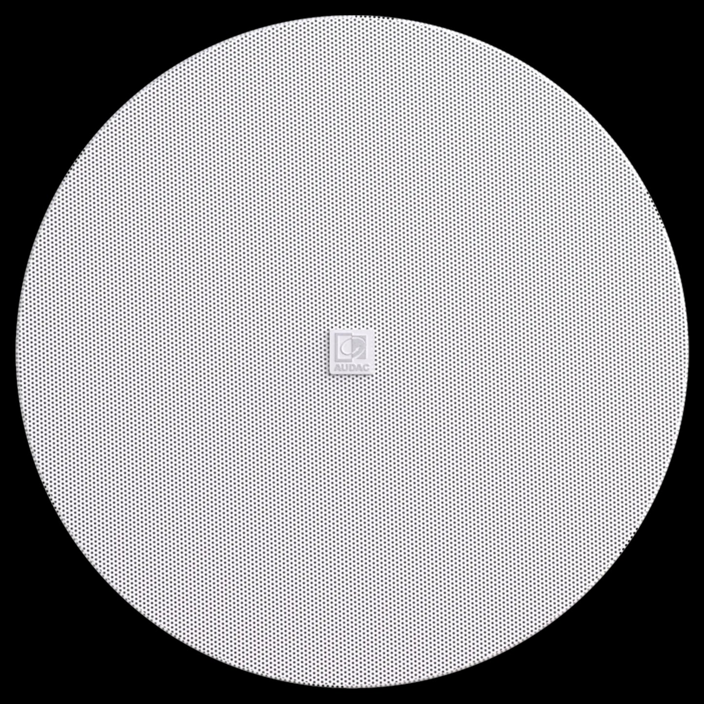 Audac QuickFit 2-way 8 inch ceiling speaker with TwistFix grill in white, 8Ohm and 24 Watt at 100V, showcasing the full grill design.