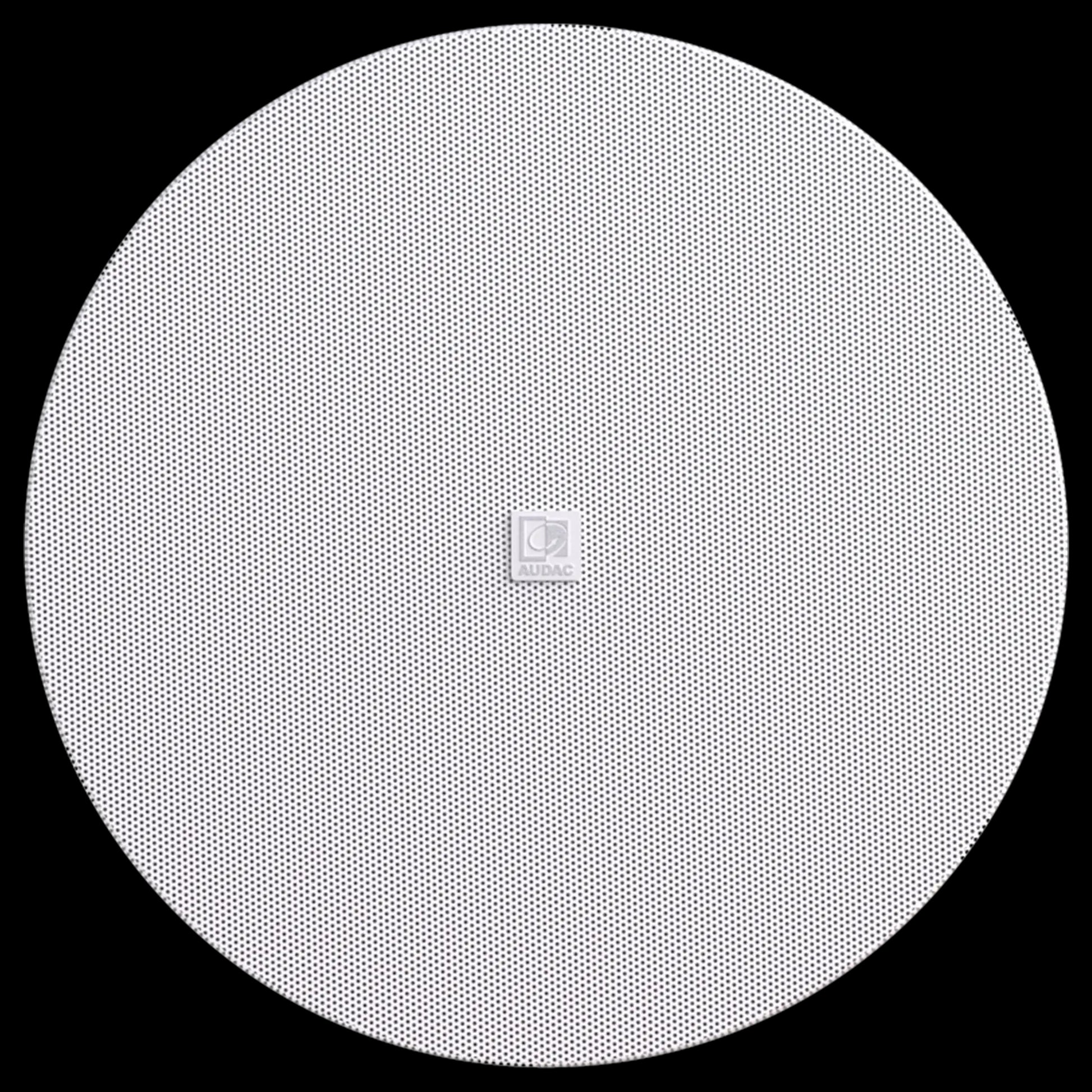 Audac QuickFit 2-way 8 inch ceiling speaker with TwistFix grill in white, 8Ohm and 24 Watt at 100V, showcasing the full grill design.