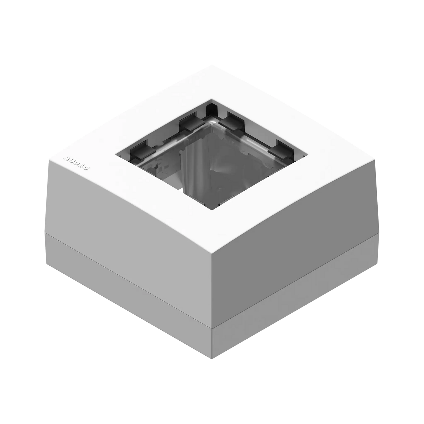 AUDAC Surface Mount Box for 45x45 Standard Range in white color, model CP45BOX1, designed for easy installation and integration.