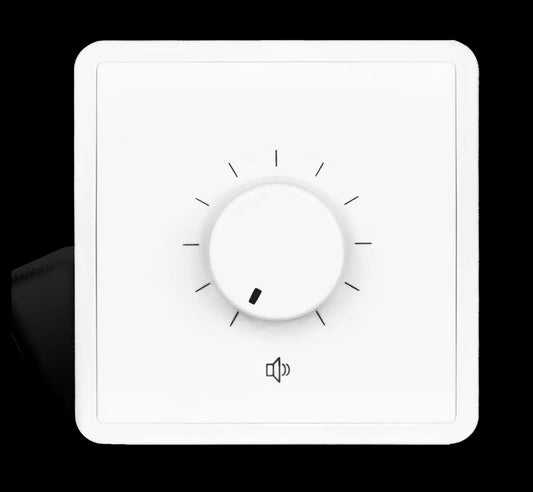 Audac 100V volume controller, 100W, in white, with a square design, suitable for audio control.